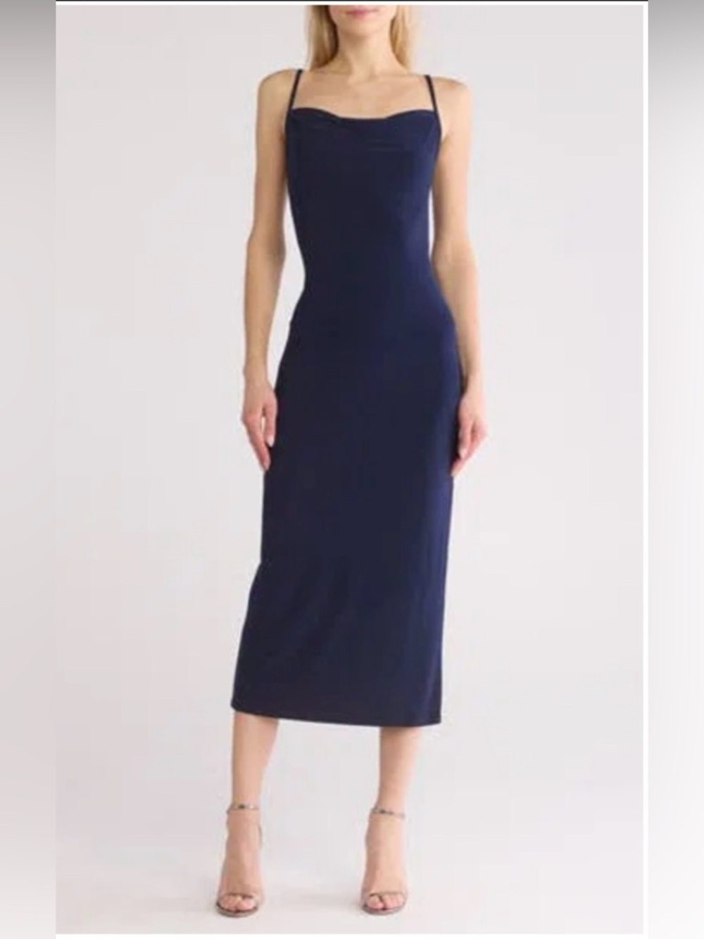 BEBE Navy Blue Slip On Scoop Neck Midi Dress NWOT Adjustable Straps Size S